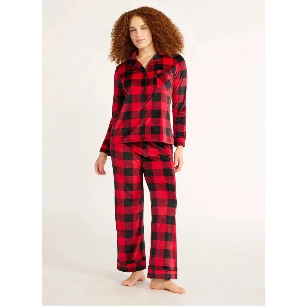 Joyspun Womens Pajama Set Size L Red Plaid Velour Notch Relaxed Sleepwear Soft